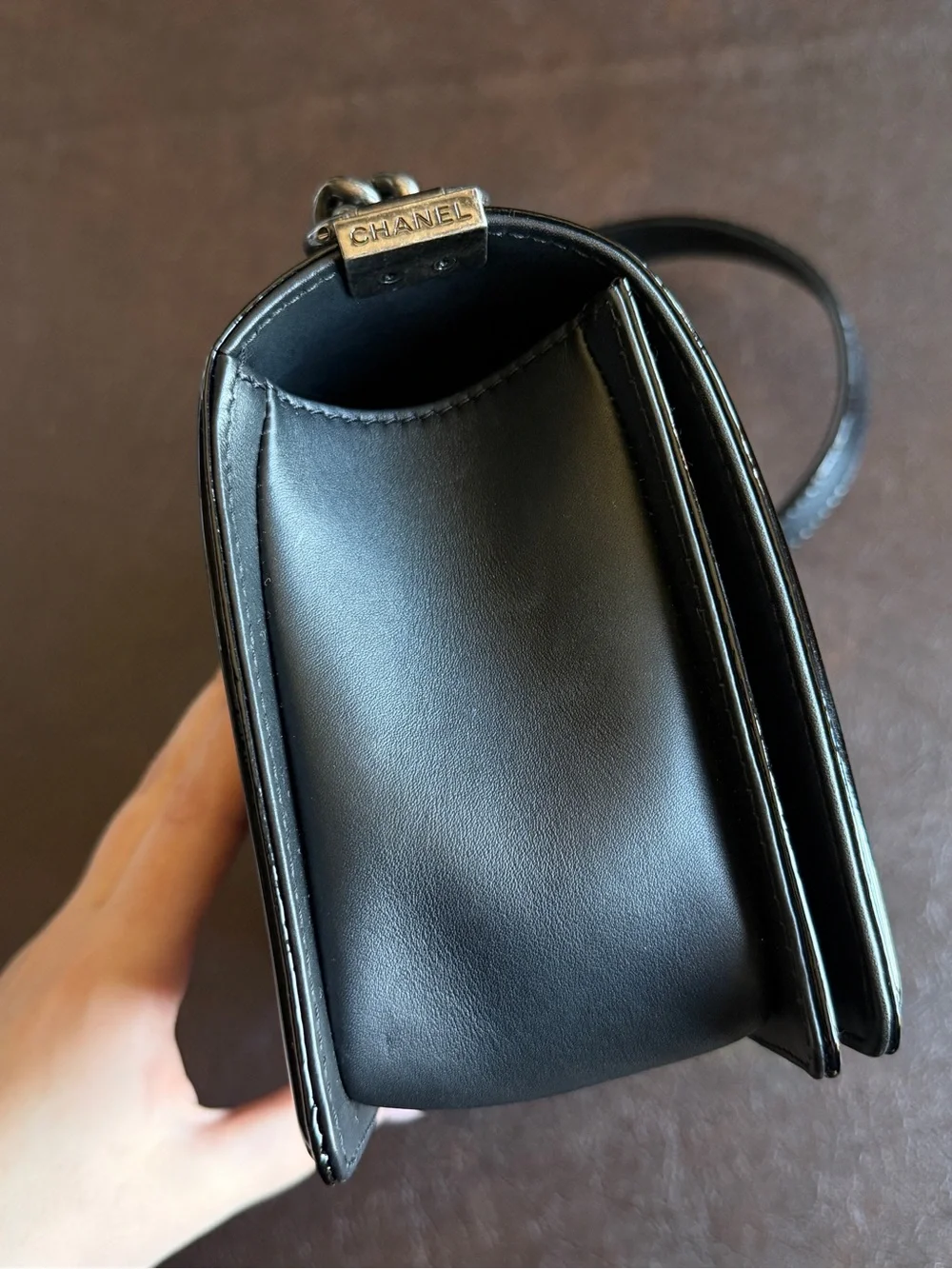 CHANEL Quilted Black Patent Medium Boy Bag